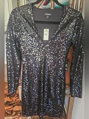 NwT Express Black Long Sequin V-Neck Mini Dress